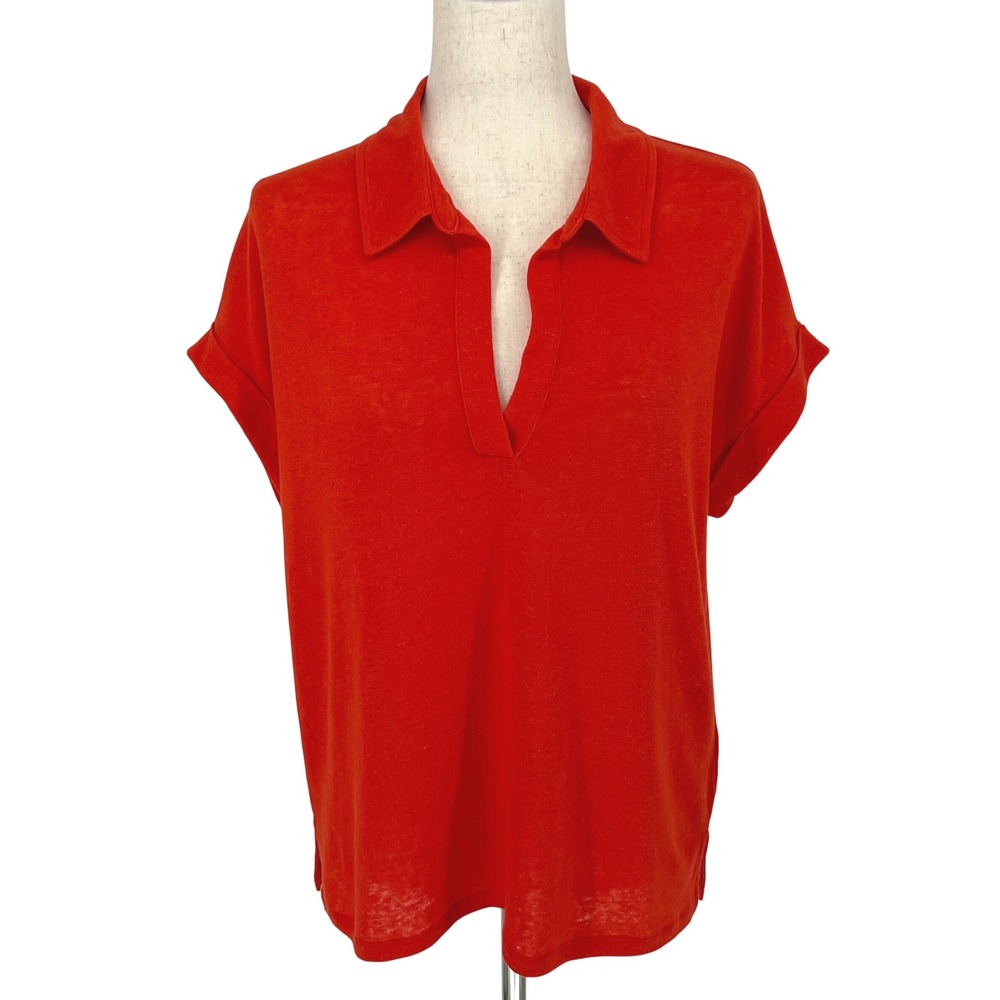Banana Republic Womens Linen Blend Short Sleeve Polo Shirt Size M Red Orange
